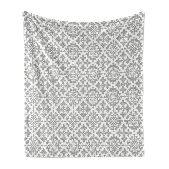 Grey Soft Flannel Fleece Throw Blanket, Antique Victorian Floral Retro Patterns in Modern Graphic Print Old Fashioned Art, Cozy Plush for Indoor and Outdoor Use, 60" x 80", Grey White, by Ambesonne