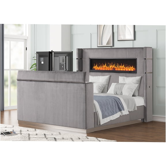 JERFIT Modern King Bed Frame with LED Fireplace Headboard Footboard TV Stand, Gray Wood Bedroom Platform