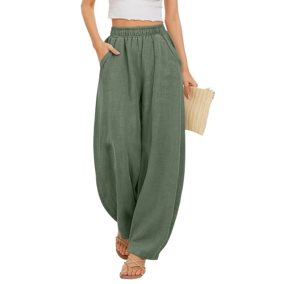 WULMLEO Flowy Pants for Women Linen Wide Leg Trousers with Elastic Waist Casual Pants with Pockets for Beach or Travel Army Green L