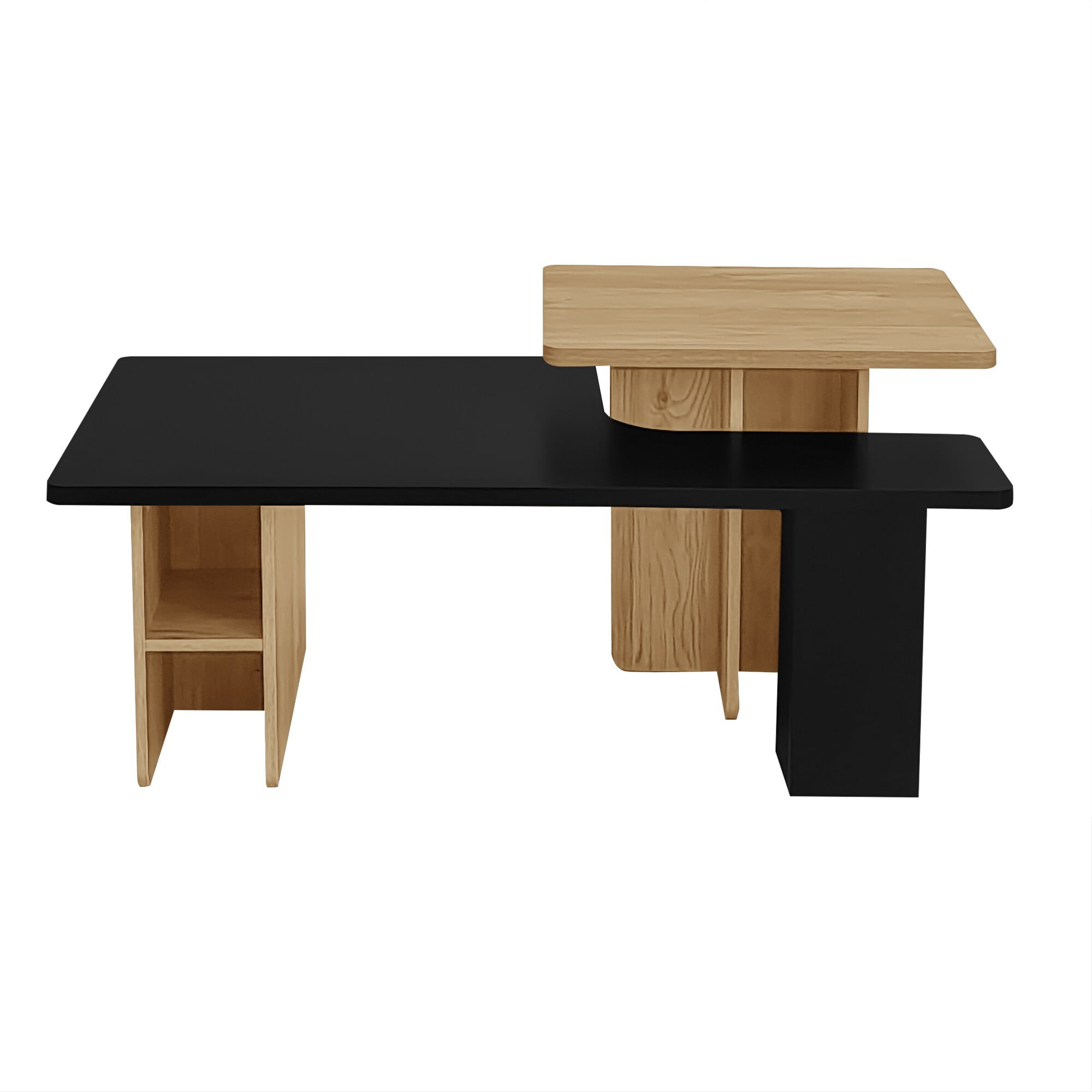 AENKYO Modern Nesting Coffee Table Set, 2-Piece Wood Grain End Tables with Open Shelves for Living Room, Black