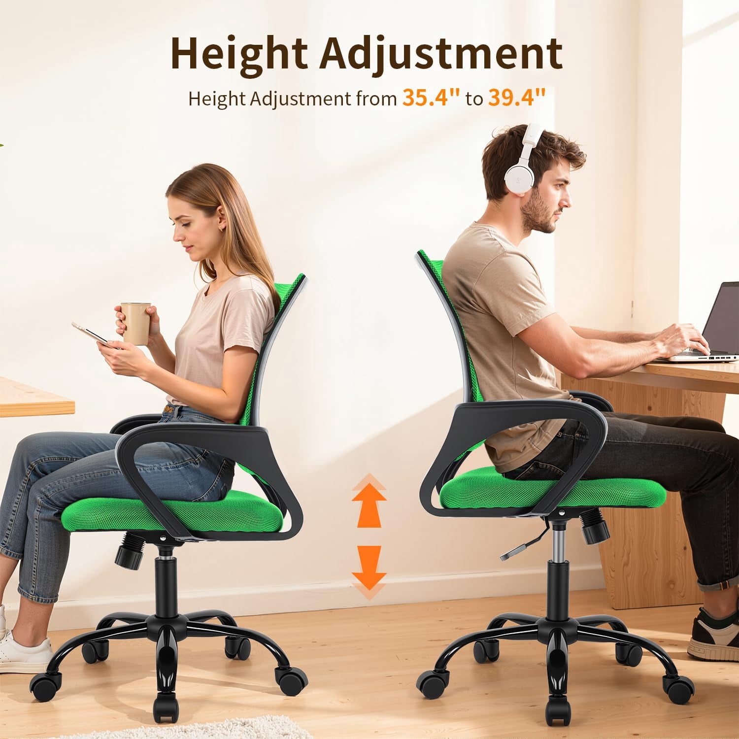 BestOffice Ergonomic Office Chair, Lumbar Support, Adjustable Height with Armrests for Adults(Green)
