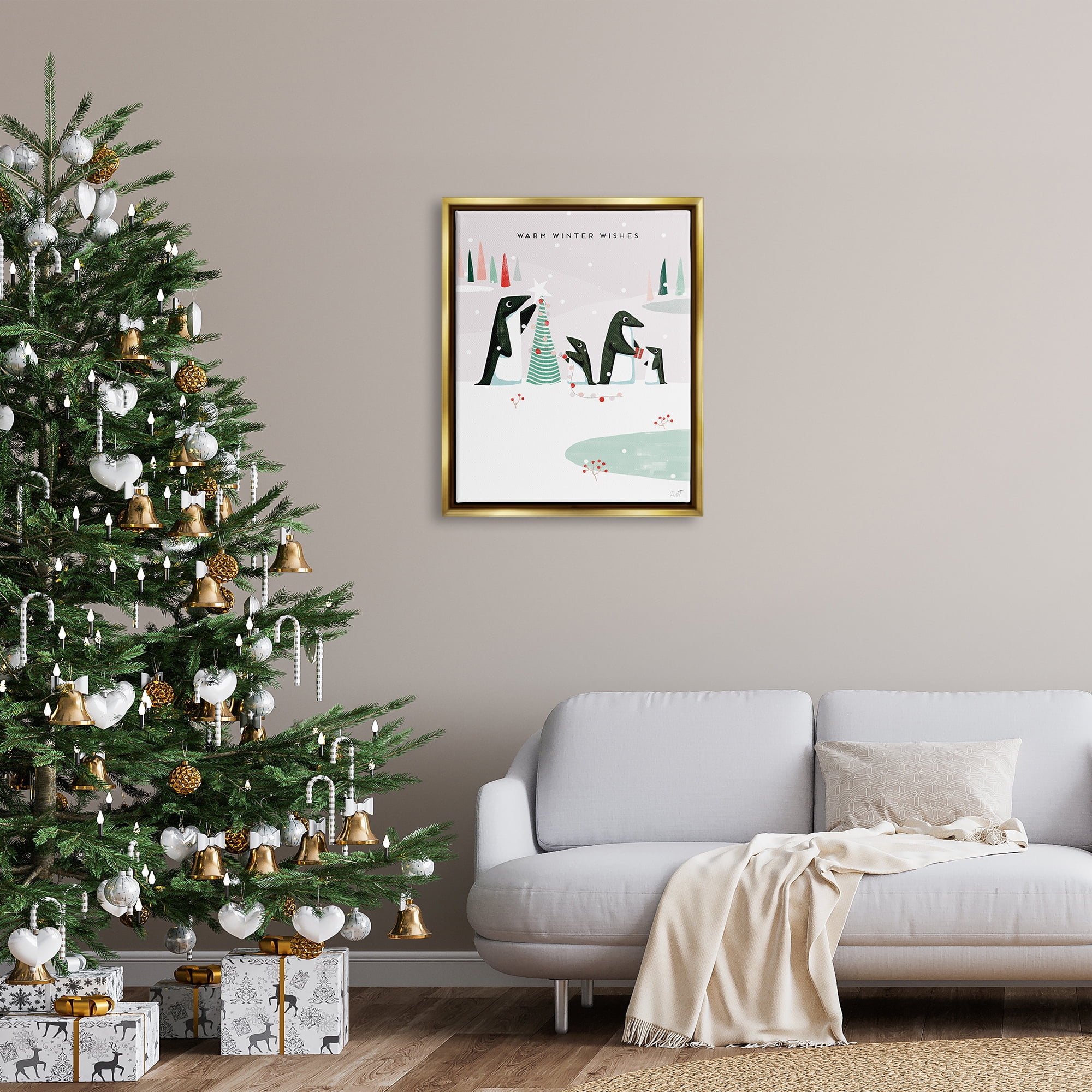 Stupell Industries Warm Winter Wishes Snowy Penguins Holiday Painting Gold Floater Framed Art Print Wall Art