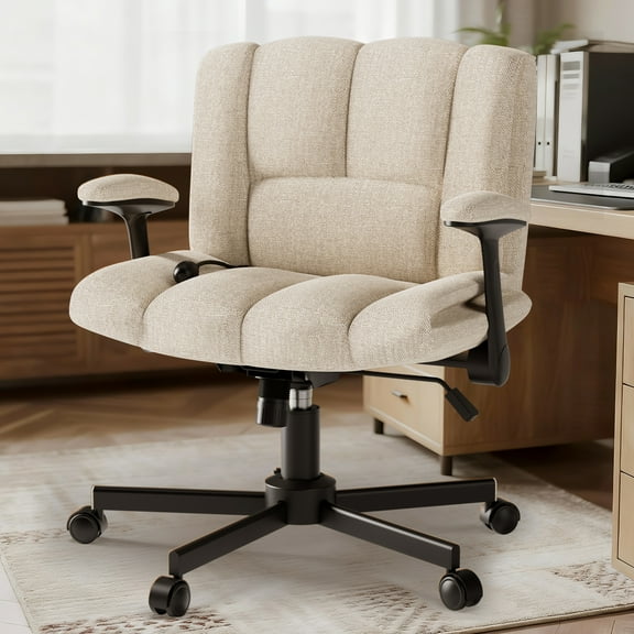 SOONTRANS Criss Cross Chair with Wheels and Arms, Ergonomic Cross Legged Adjustable Swivel Chairs with Thick Cushion, Oversized Wide Seat Office Desk Comfy Chair for Home Office Vanity, Beige