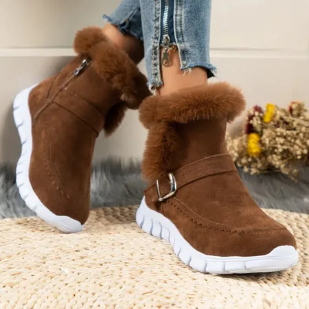 

Winter Thermal Insulated Snow Boots Warm Plush Lined Ankle Boots Fluffy Trim Side Zipper Boots