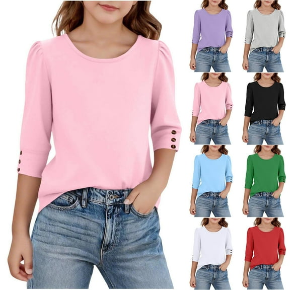 MKOSPLRT Casual Tops for Girl 3/4 Puff Sleeve Shirts Crew Neck Solid T Shirts Loose Fit Blouses Button Smocked Cuffs Tshirts 5-15Y