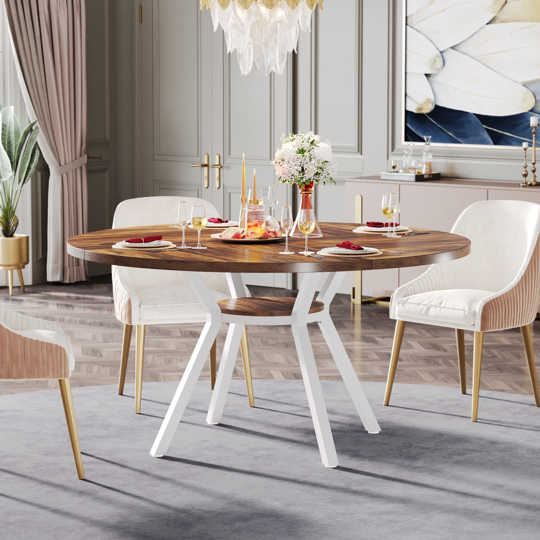 47 Inch White Marble Grain Round Kitchen Table For 4 47 Inch Round ...