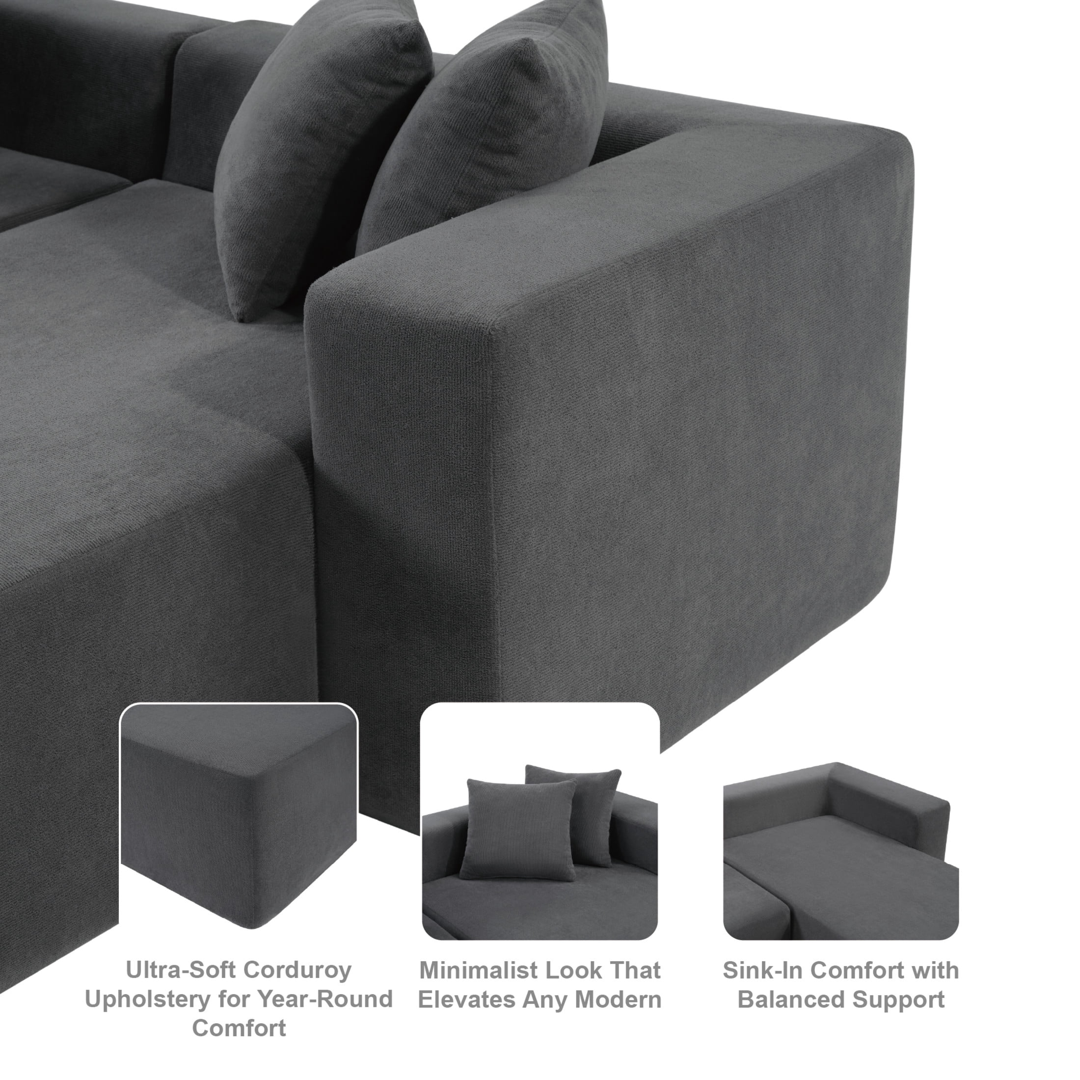 Noble House Ferb 101" L-Shaped Modular Sofa, Deep Seat Corduroy Sectional Lounger, Living Room, Bedroom, Dark Gray