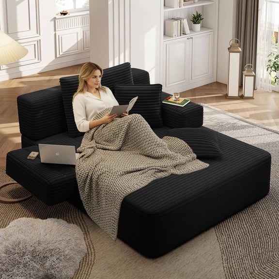 2-in-1 Oversized Boneless Chaise Lounge Chair with 3 Pillows, Corduroy Fabric, Convertible Armrests, Side Pocket, 300 lbs Capacity (Black)