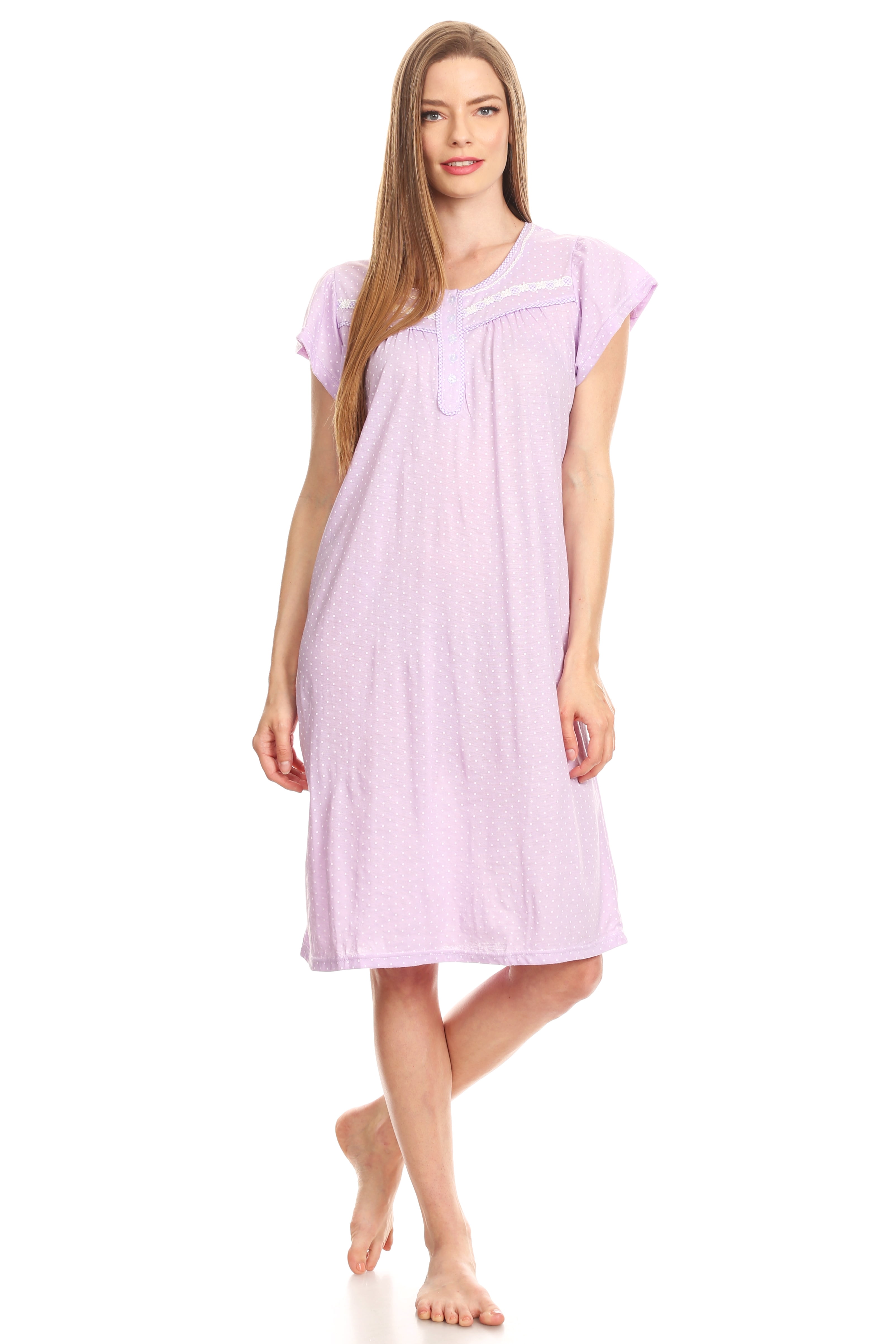00131 Women Nightgown Sleepwear Pajamas Short Sleeve Sleep Dress Nightshirt Purple L