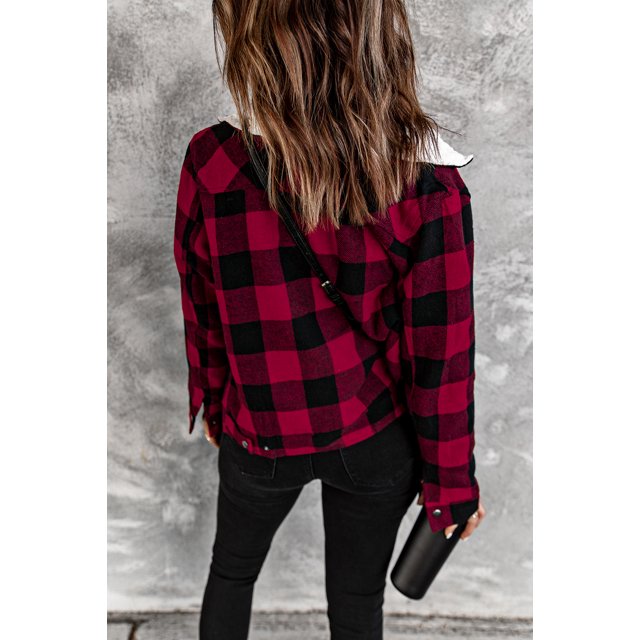 ABPHQTO Chaqueta De Mujer Con Botones De Felpa Con Estampado De Cuadros Rojos