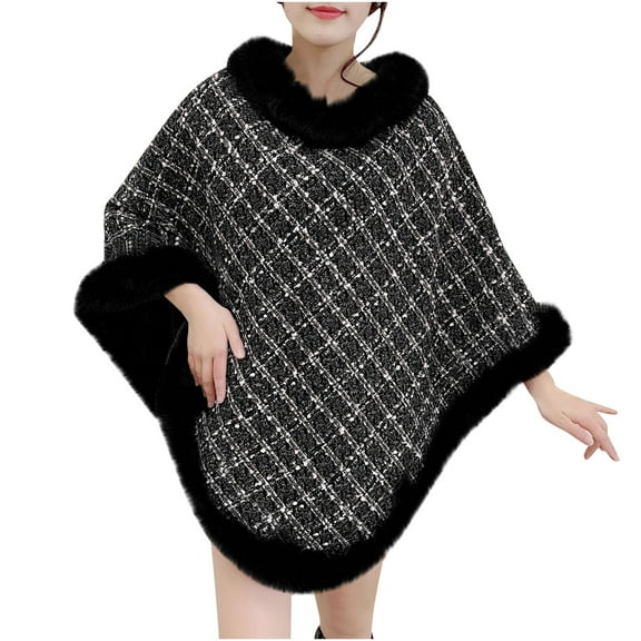 DAFPZW Womens Plaid Poncho Shawl Faux Fur Trim Oversized Cloak Autumn & Winter Asymmetrical Cape Poncho Scarf Trendy Cape