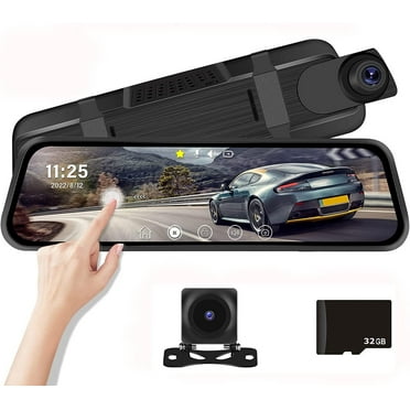 Podofo 9.66" Touch Screen Dash Cam Mirror for Car Front and Rear View Dual Cameras Night Vision Vehicles Parking Monitoring,with 32GB Card