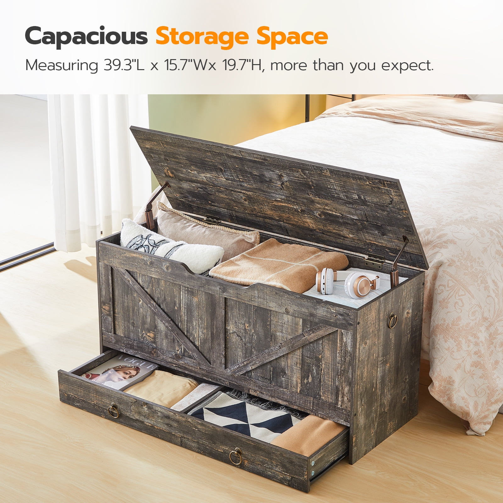 HOOBRO 39.3"  Storage Chest with Drawer, 220-lb Capacity, Safety Hinge, Vintage Gray