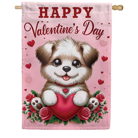 America Forever Puppy Love Valentine's Greeting House Flag, 28 x 40 inch Double Sided, Happy Valentine's Day Dog Banner, Hearts Roses Pet Outdoor Decor
