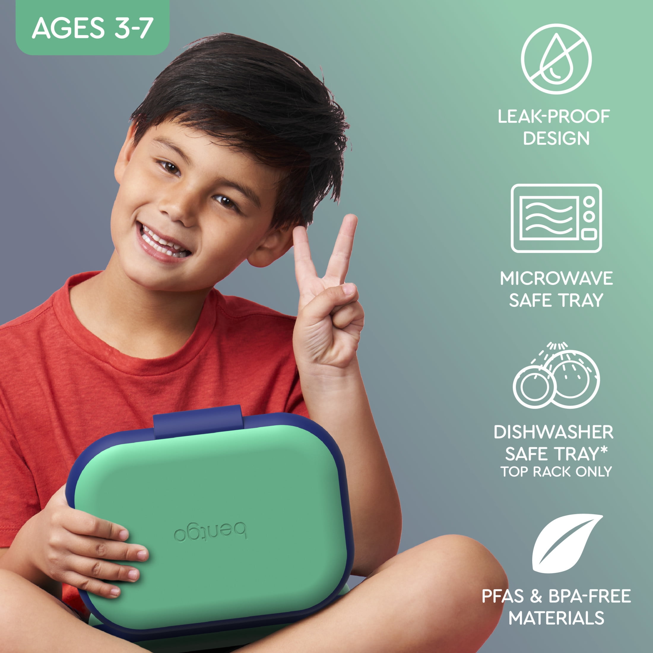 Bentgo Chill Kids Leak-Proof Lunch Box - 4-Compartment Bento Box with Built-In Ice Pack, 3.3 Cup Capacity, PFAS & BPA-Free, Microwave & Dishwasher Safe, Ideal Size for Ages 3 to 7 (Green/Navy)