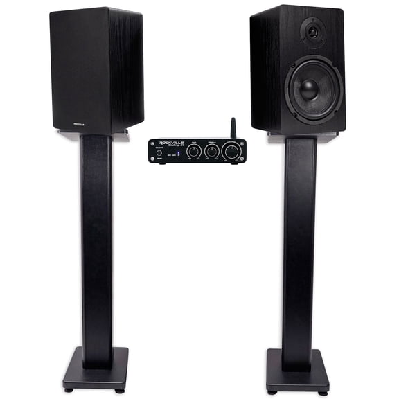 Rockville BLUAMP 21 Bluetooth Home Audio Receiver 2) 6.5" Black Speakers Stands