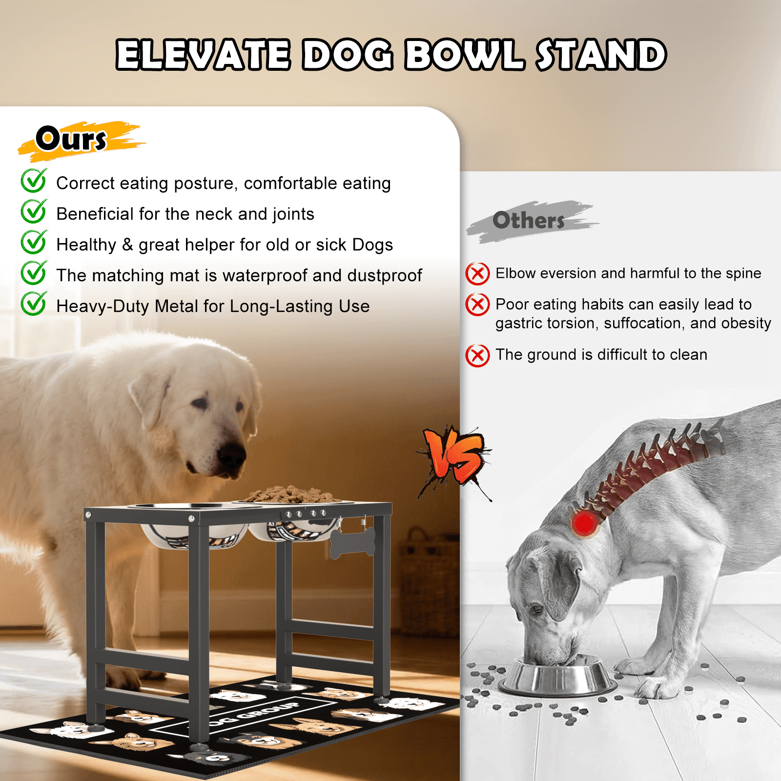 SHAINFUN Metal Raised Dog Bowl Stand for Large Dogs with 2000ml(68oz) Bowls Anti Spill Mat Bone Nameplate Pen For Large Dogs