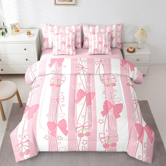 Manfei Kawaii Cherry Bow 7-Piece Twin Bedding Sets,Pink Geomtric Stripes Bedding Comforter Set,Girl Bowtie Sheet Sets For Children,Breathable Home Decor Reversible