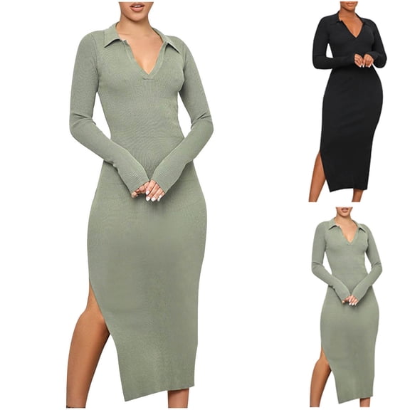 YHAJDS Women's Casual Dress,Maxi Dress Long Sleeve Dress Solid Color Ribbed Backless Waist Slim Elegant Dress For Fall Winter