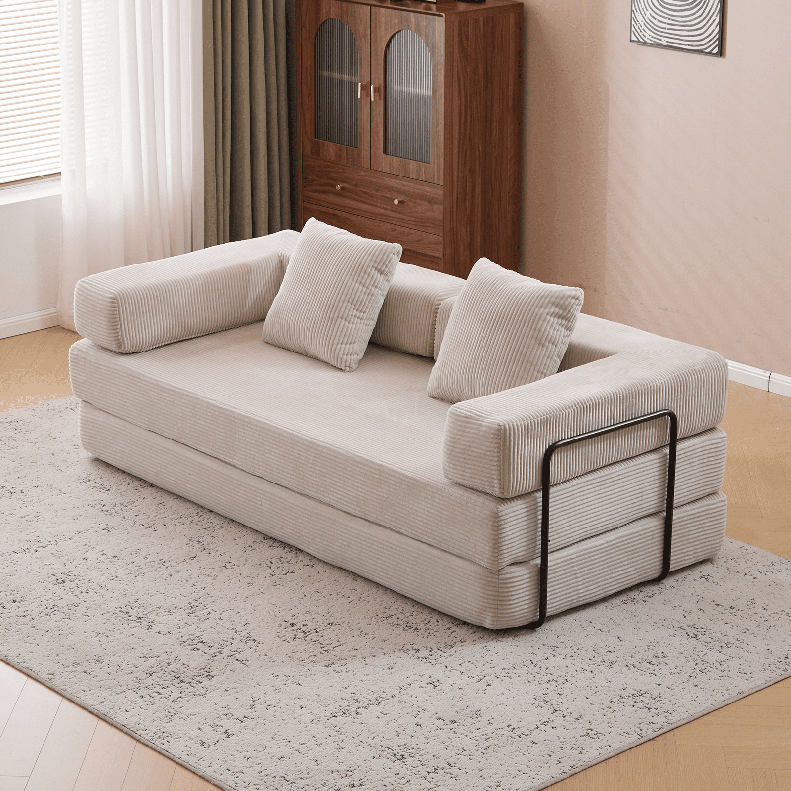 BSHTI Convertible Sofa Bed with Pillows, Chenille Folding Floor Sofa, High Rebound Density Sponge Boneless Couch for Living Room Bedroom Apartment Office, No Assembly Required, Light Gray