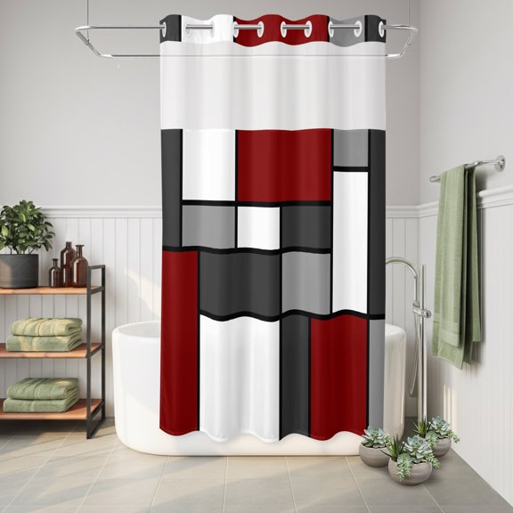 No Hook Shower Curtain Red Grey Blocks Waterproof Fabric Shower Curtain Modern Abstract Geometric Hotel Style Bathroom Curtain with See Through Top Window Machine Washable 36x72in