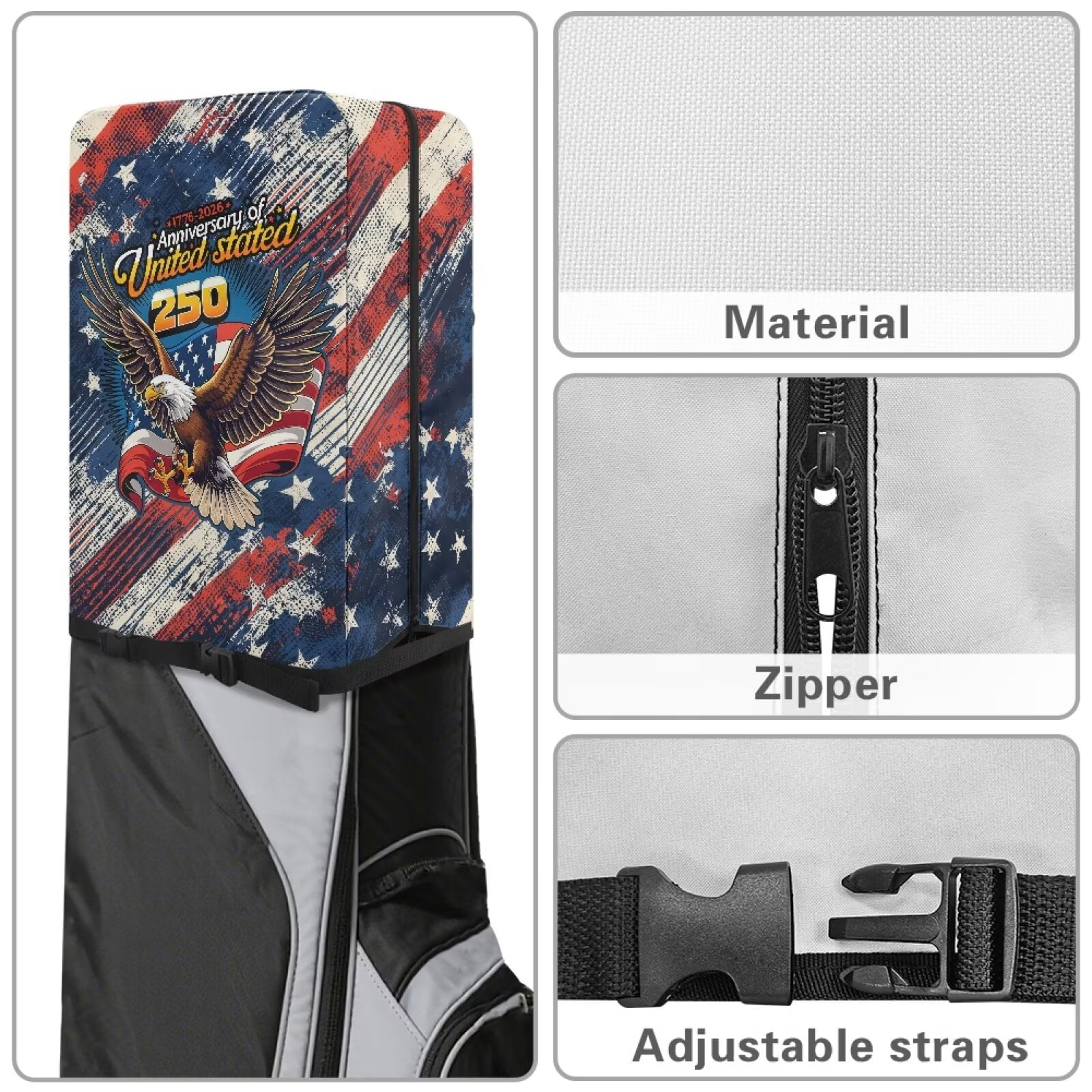 Yuyamidu 250 Annviersary USA Golf Bag Cover Eagle Dust and Sun Protection Golf Bag Umbrella for Clubs with Snap Button Adjustable Easy Access Fit Most Club Bags