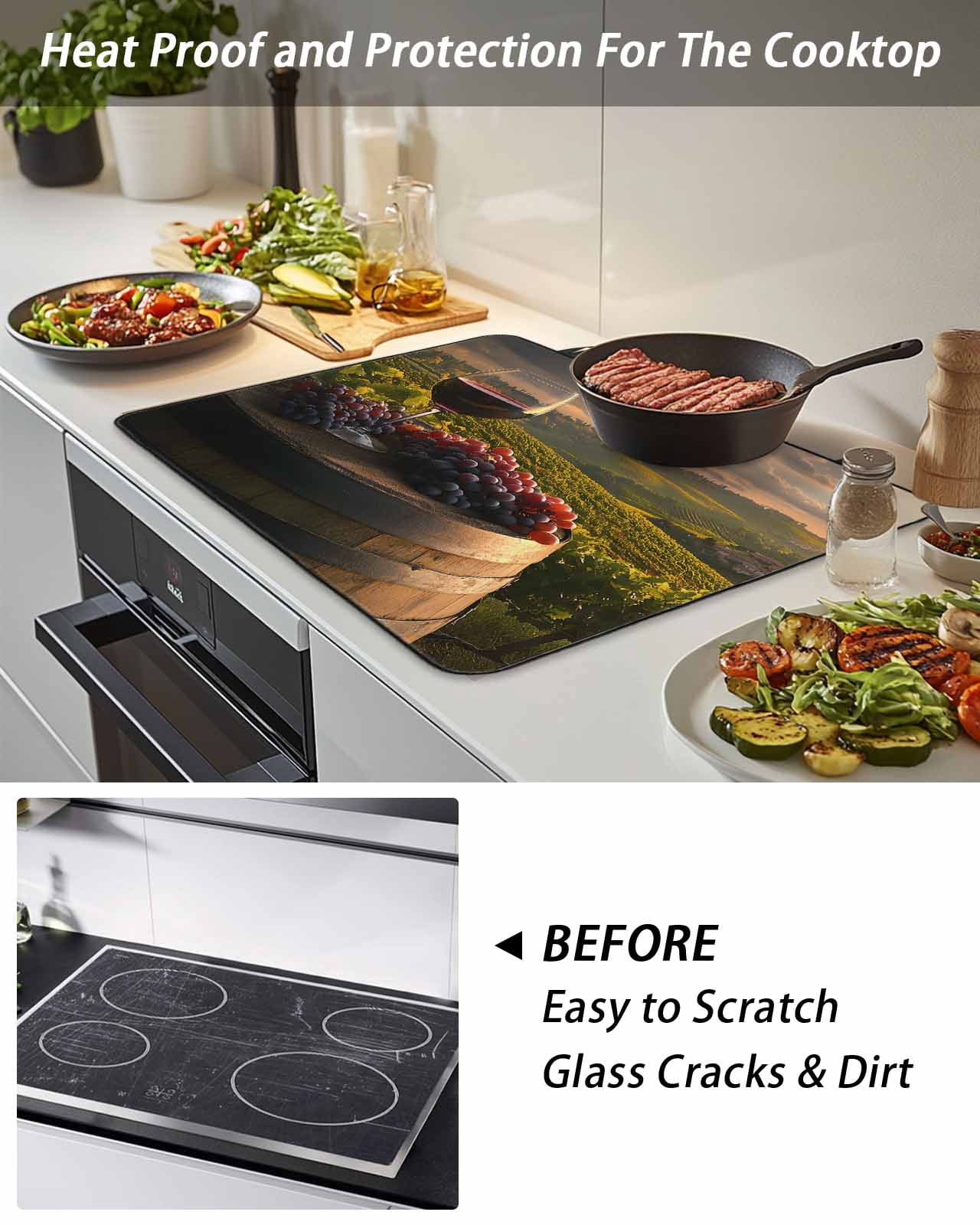 Stove Top Covers for Electric Stove 36x21 Inches, Country Heat Insulation Fireproof Glass Cooktop Protector, Grapes Casks Wine Farmhouse Multipurpose Countertop Stovetop Cover for Kitchen