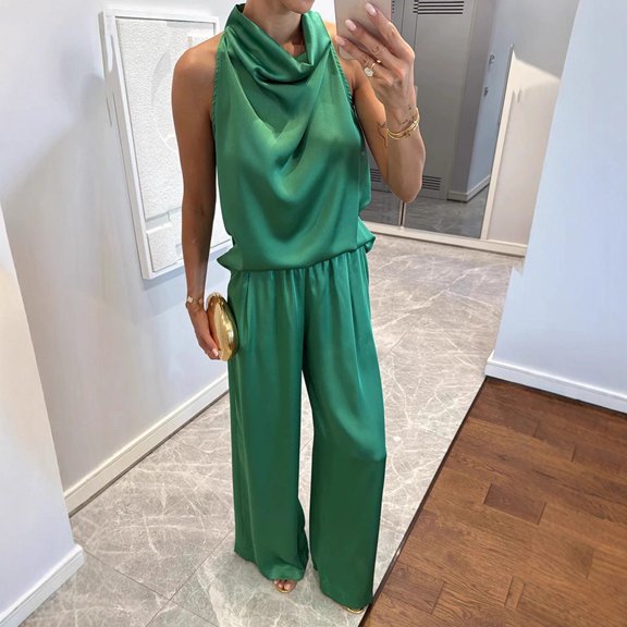 Women's Elegant Satin Outfits Cowl Neck Sleeveless Tank Tops with High Waist Wide Leg Pants for Cocktail Party Wedding and Formal Evening Green M