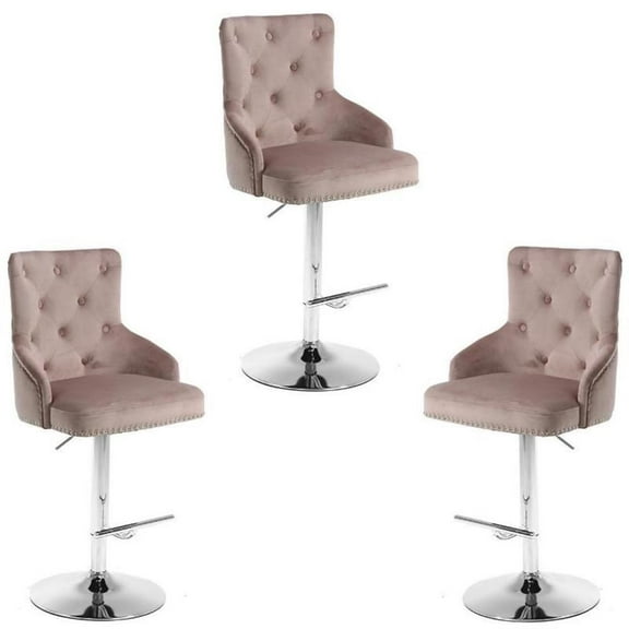 Home Square 3 Piece 34.5" Height Velvet Adjustable Bar Stool Set in Pink