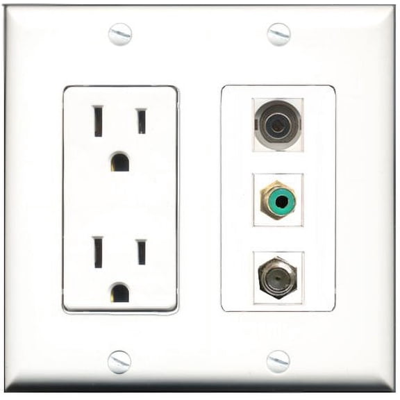 RiteAV - 15 Amp Power Outlet 1 Port RCA Green 1 Port Coax 1 Port 3.5mm Decorative Wall Plate