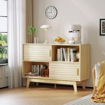 TOLEAD 44" Modern Fluted Wood Buffet Cabinet with Sliding Doors & Gold Handles - Natural Wood Finish Storage Sideboard for Dining Room, Living Room, Entryway