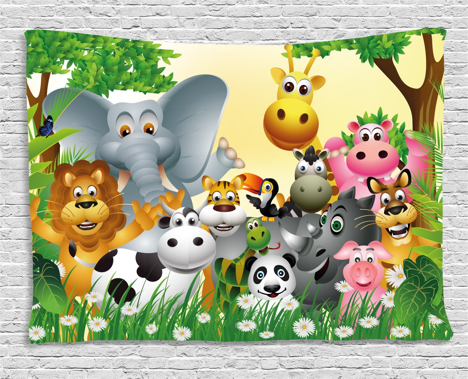 Kids Decor Tapestry, Cute Animals in Jungle Elephant Giraffe Panda Bear