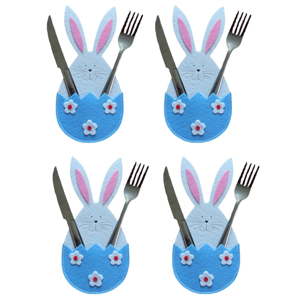 4PCS Easter Utensil Holders Set Egg Bunny Knife Forks Bag Silverware