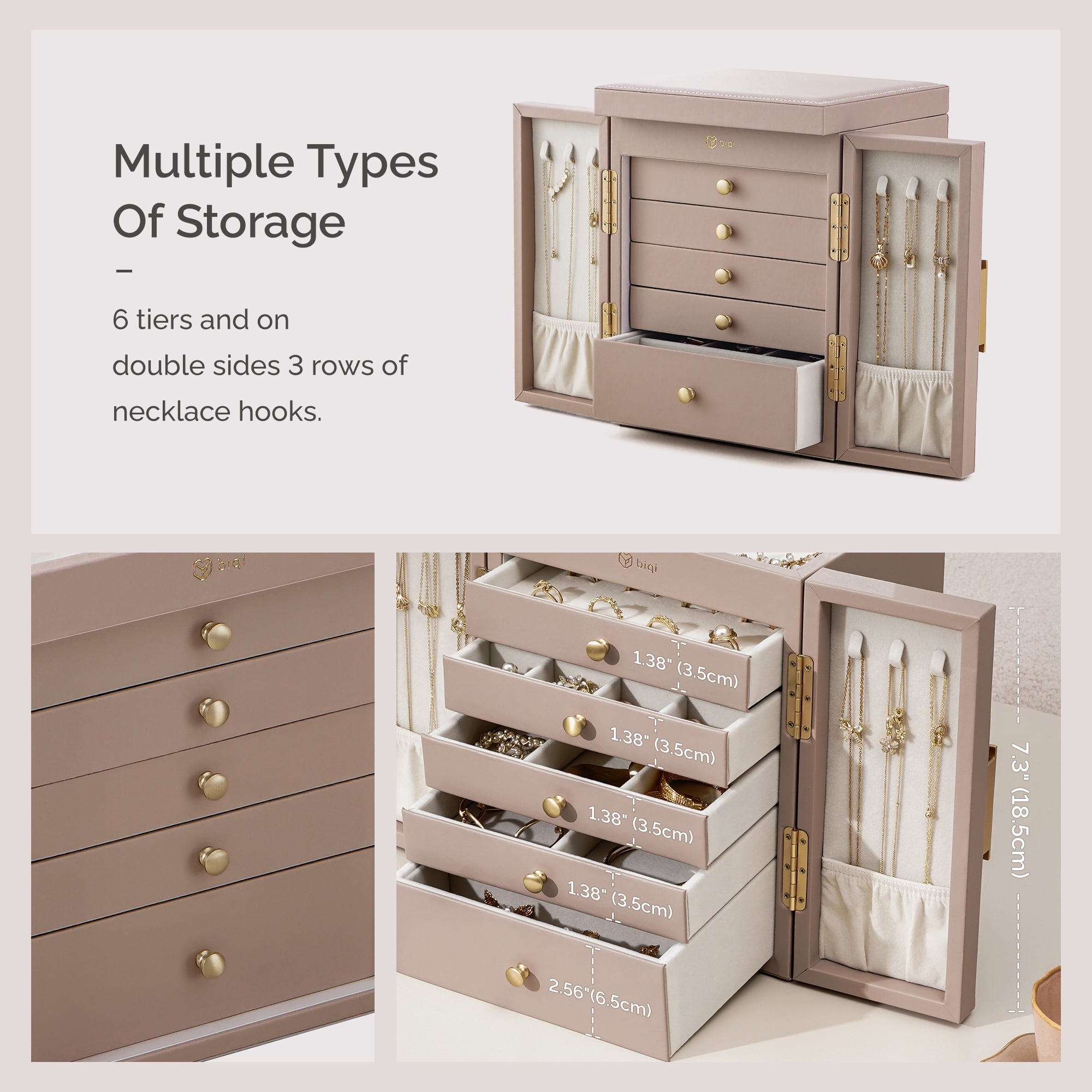 Casegrace 6-Tier Huge Jewelry Box for Women Girls with Mirror 5 Drawers Organizer Necklace Ring Earring Storage Opening Door Gift Case