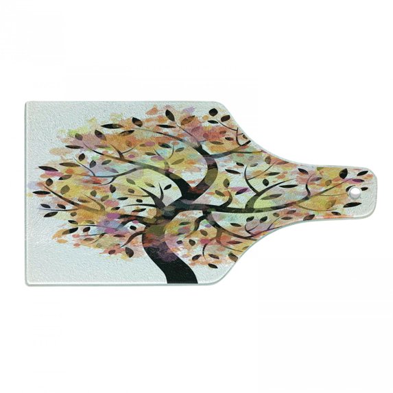 Tree Cutting Board, Colorful Spring Season Tree Leaves of Life Abstract Painting Pastoral Style Design, Tempered Glass Cutting and Serving Board, Wine Bottle Shape, Multicolor, by Ambesonne