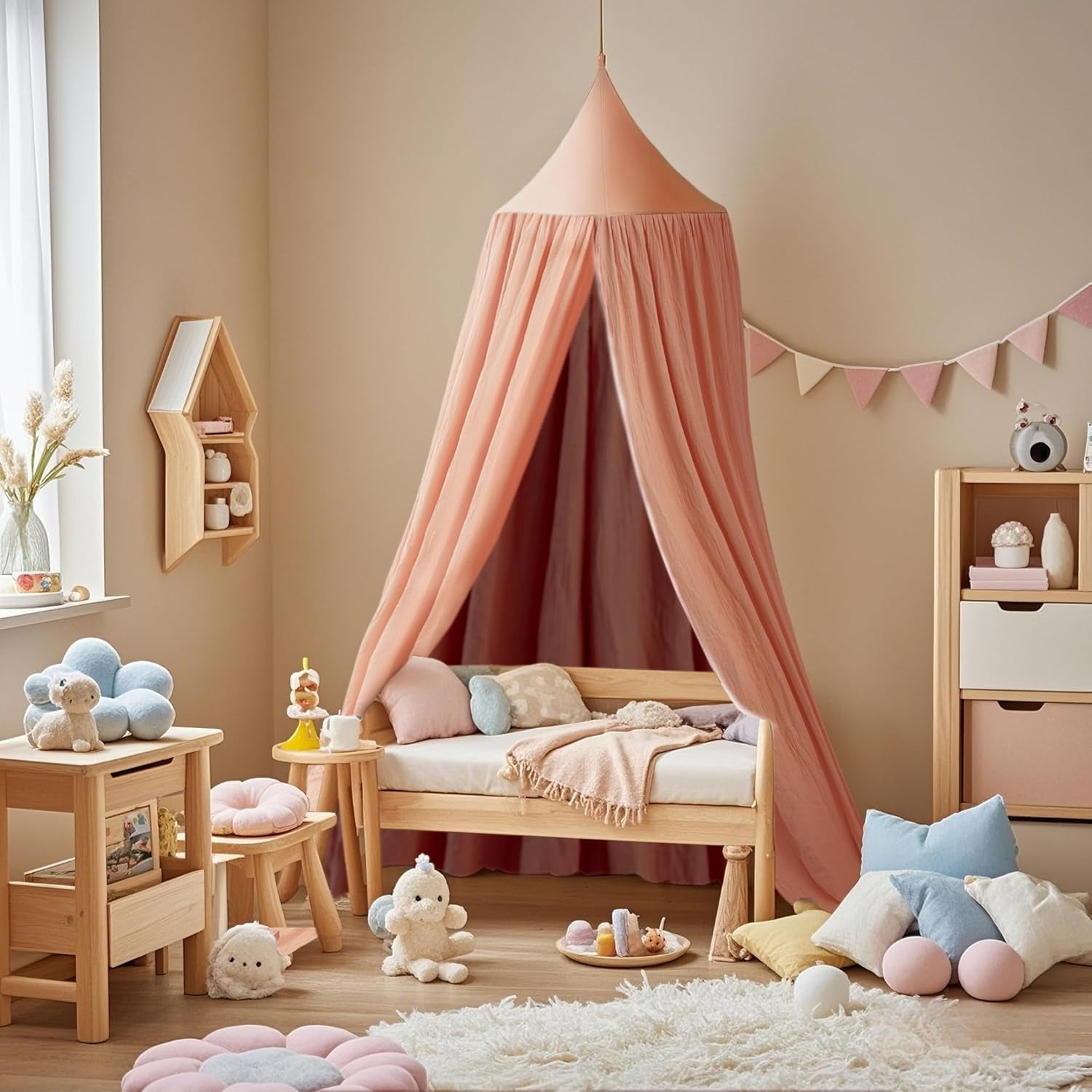 CAILDANL Cotton Kids Bed Canopy, Nursery Room Baby Crib Hanging Curtain Mosquito Net Hideaway Bedding Children Reading Nook Decoration, Pastel Neutral Color for Boys & Girls (Pink)