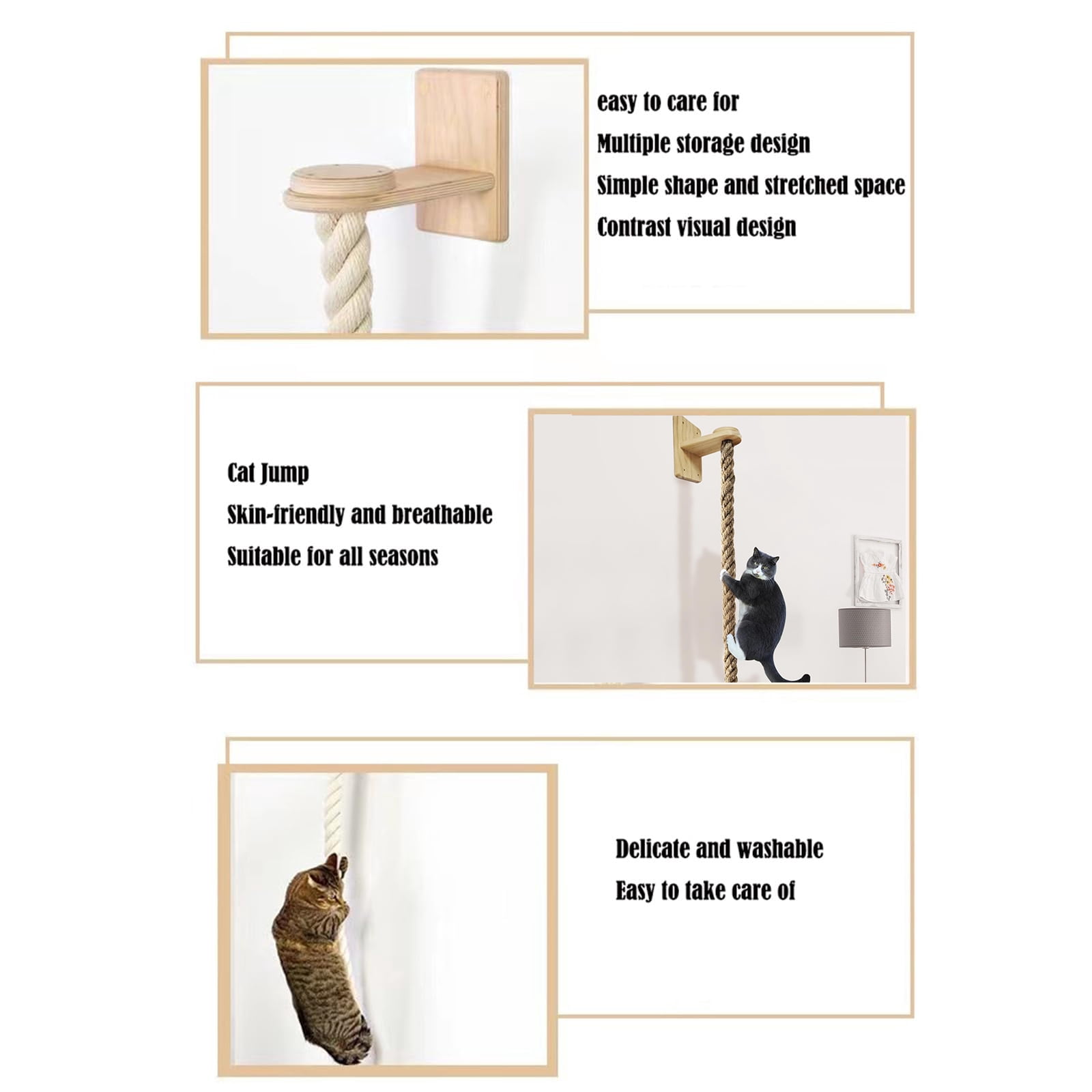 QLFYUU 55 inch Cat Climbing Toy Rope with Small Wood Shelf Wall Mounted for Indoor Cats Beige
