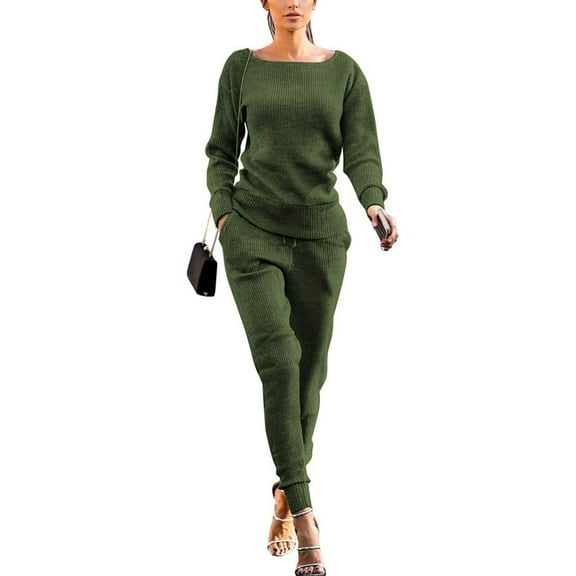 Frostluinai Women's 2 Piece Lounge Sets Solid Ribbed Knit Sets Long Sleeve Round Neck Pullover Leggings Comfortable Fall Knit Sweater Sets with Pocket