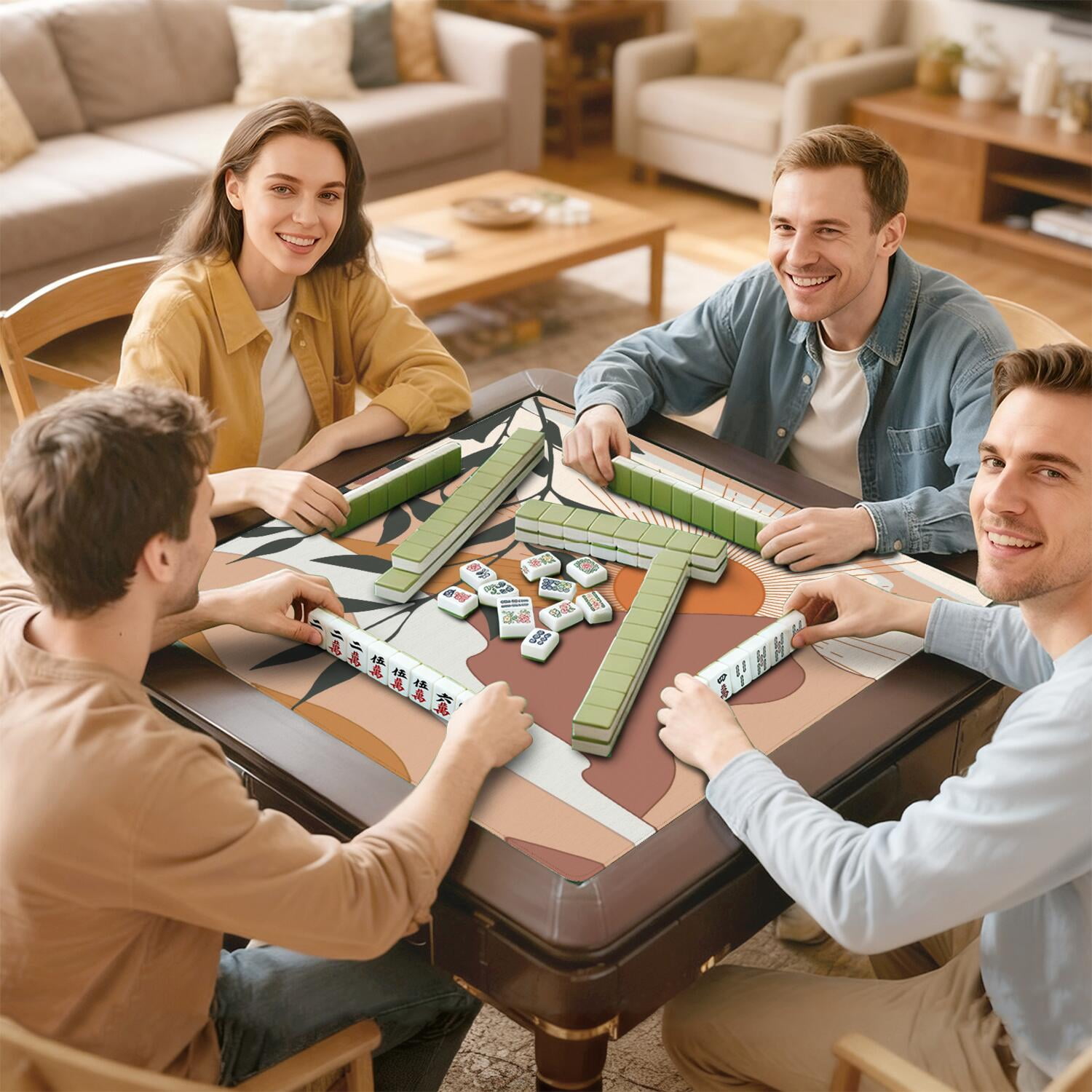 Decorative Boho Pattern Extra Large Anti-Slip Mahjong Mat 31.5x31.5 Inch Rubber Surface with Noise Reduction for Board Games and Game Room Decor