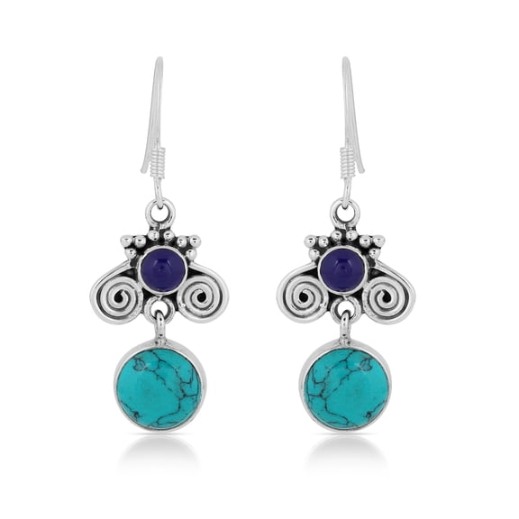 Natural Turquoise & Lapis Lazuli Dangle Earrings in 925 Sterling Silver – Handmade Bezel-Set Drop Earrings with Fish Hook Back, Boho Jewelry Gift for Women