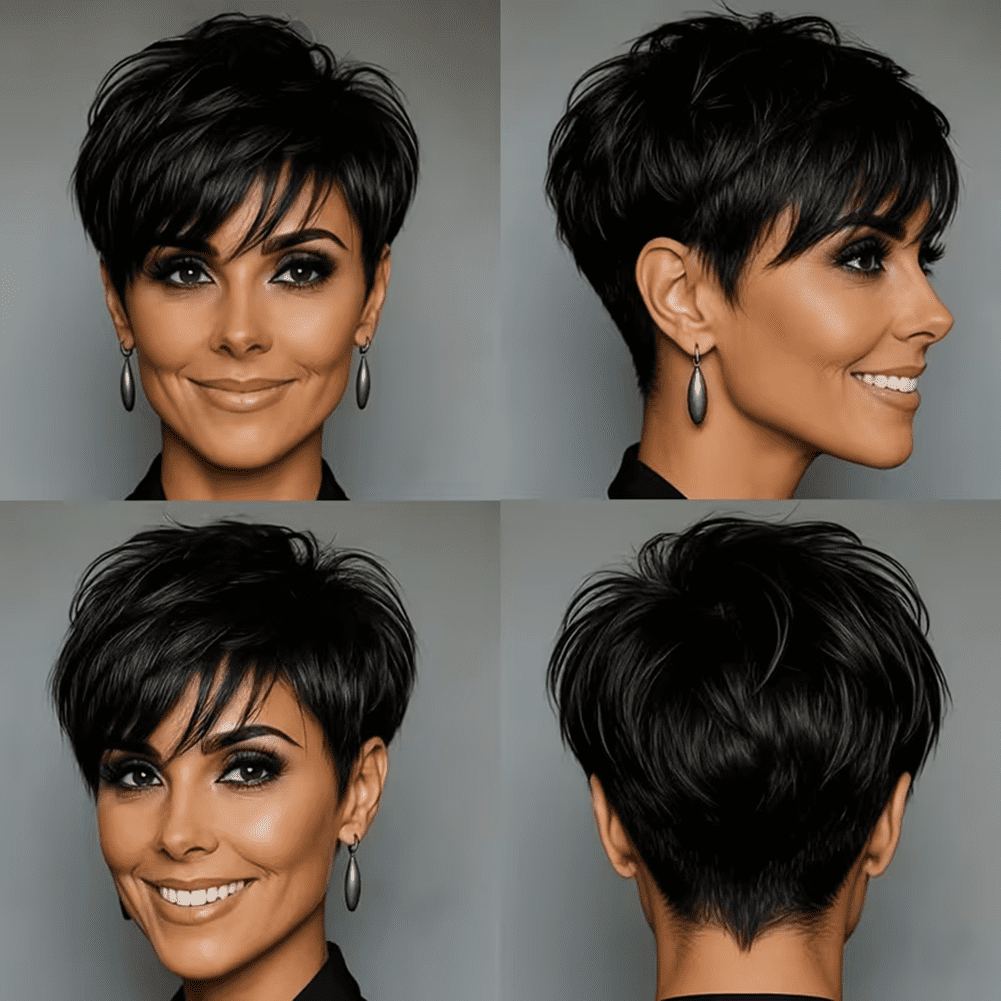 Short Layered Pixie Cut Human Hair Wigs With Bangs Chic Elegent Pixie Cut Wigs Lightweight Wavy Full Machine Made Wear and Go None Lace Front Wigs with Bangs