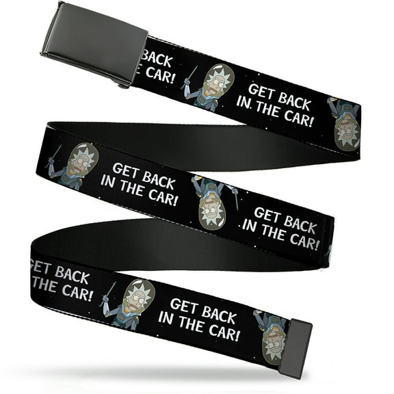 Adjustable Belt, Clamp Buckle, Cut-to-Fit, Rick and Morty Rick Get Back In the Car Pose Black White