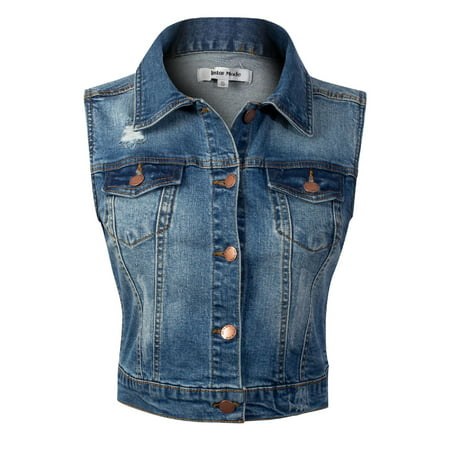 Made by Olivia Women's Sleeveless Button up Jean Denim Jacket Vest Denim