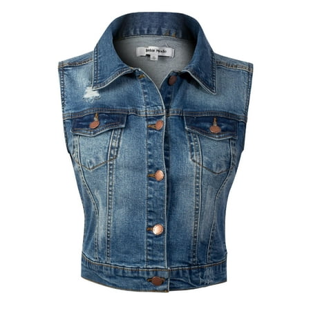 Lined Ladies Denim Jacket - Made by Olivia Women's Sleeveless Button up Jean Denim Jacket Vest Denim 2XL