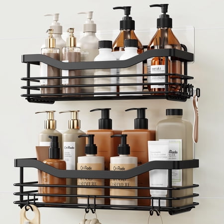 Shower Caddy Basket with 5 Hooks Adhesive Rustproof Stainless Steel Wall Mounted Organizer Storage Rack No Drilling for Bathroom Kitchen 2 Pack