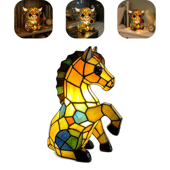 Highland Cow Rose Night Light, Stained Glass Handmade LED Decor Night Light, USB Craft Lamp for Bedroom Shelf Decoration, Stylish Birthday Housewarming Gift-Horse Lamp