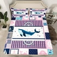 thumbnail image 3 of Feelyou Kawaii Ocean Whale Twin Sheet Sets, Cartoon Marine Rudder Twin Fitted Sheet, Pink Patchwork Buffalo Flat Sheet, Super Cozy Room Decor, 3pcs, 3 of 8