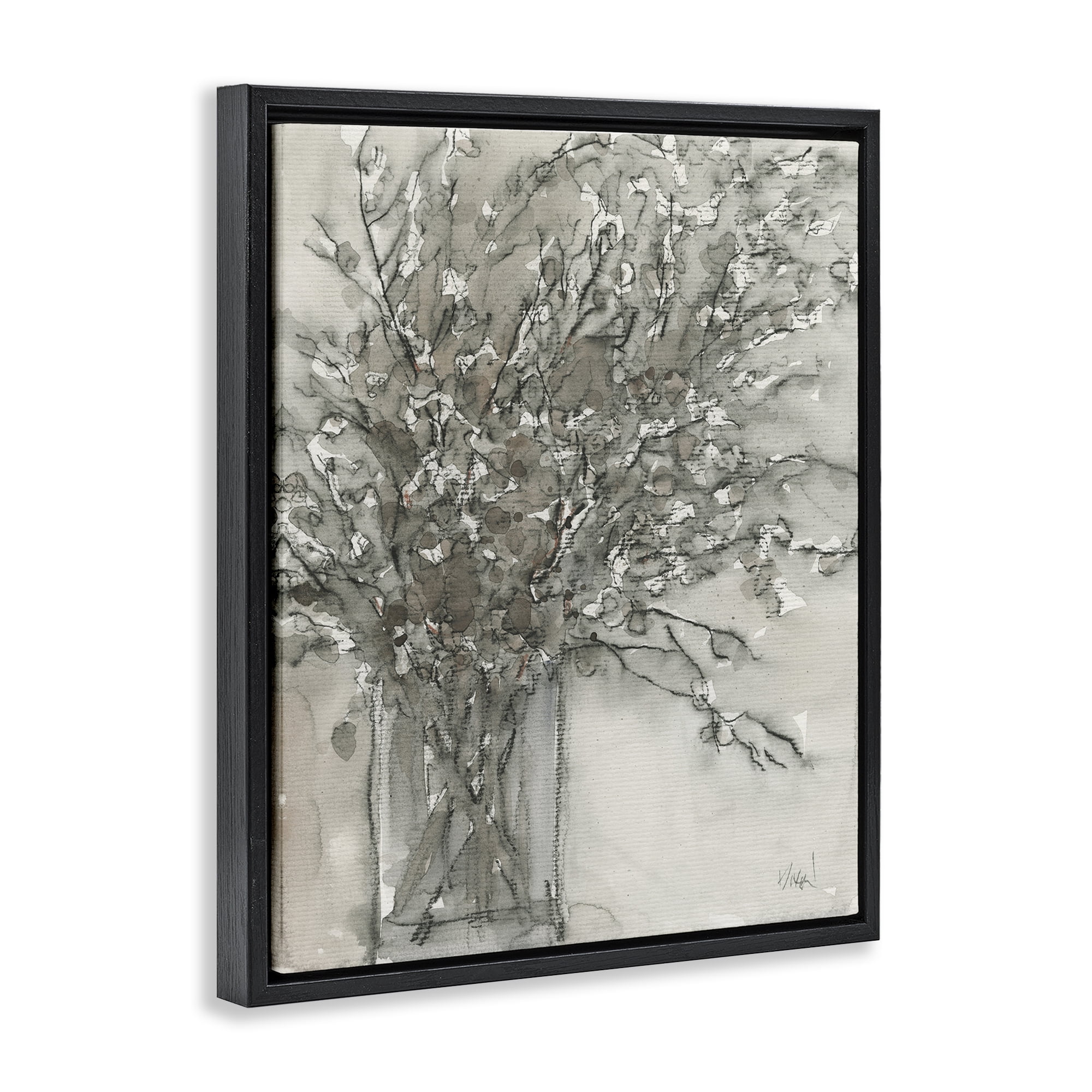 Stupell Industries Grey Charcoal Bouquet Plants & Flowers Painting Black Floater Framed Canvas Art Print Wall Art, 17 x 21