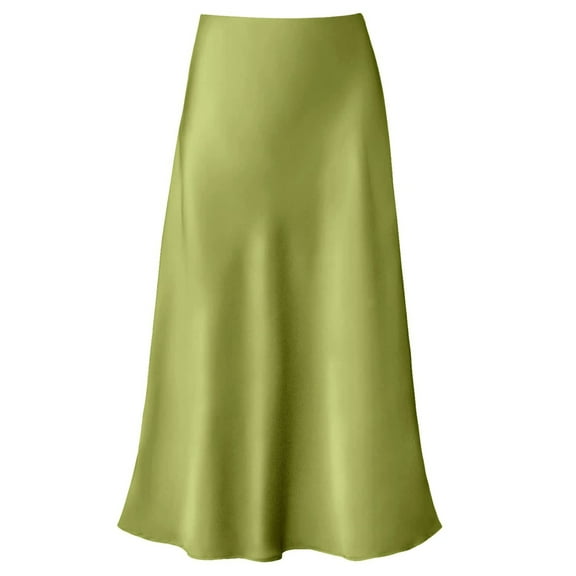 Amy Babe Women's Elegant Satin Midi Skirt High Waist Hidden Elastic Band Flowy Skirts Work Skirts