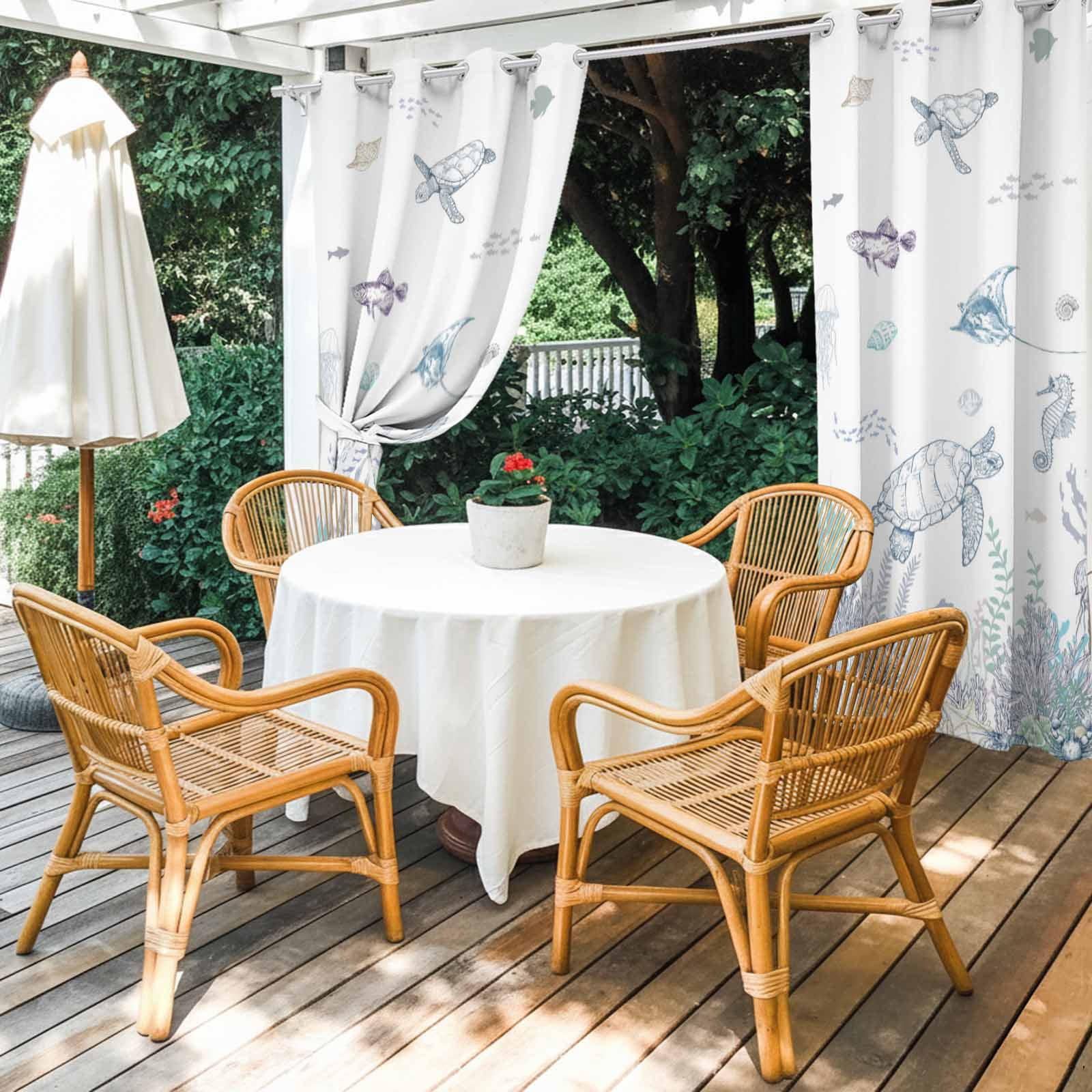 Ocean Coastal Outdoor Curtains for Patio, Sea Turtle Coral Starfish Seaweed Hand Drawn Sunshade Privacy Drapes Grommet Waterproof Outside Curtains for Porch/Cabana/Balcony 54"x 108", 1 Panel